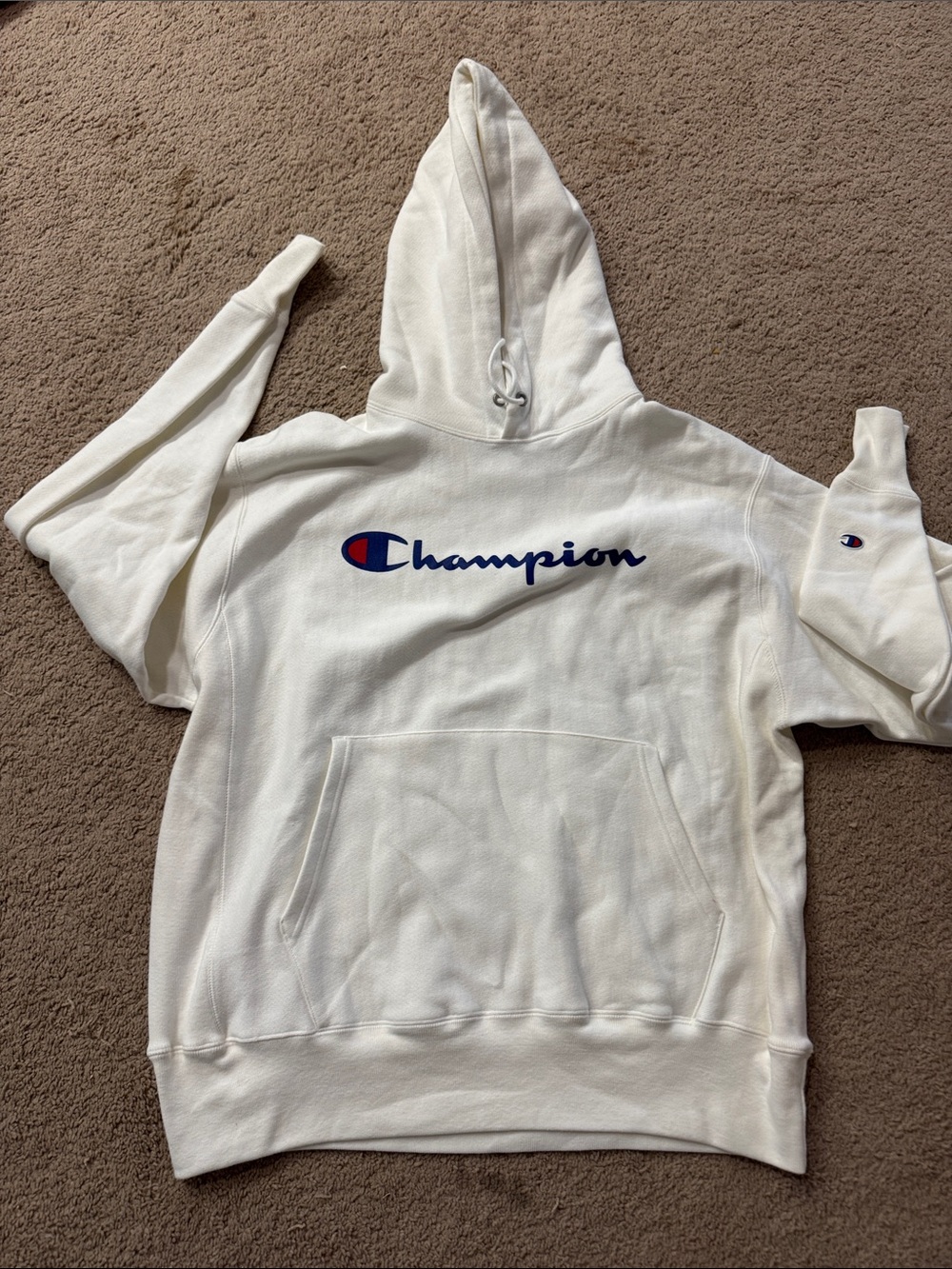 Champion White Hoodie with white/off white with  Blue & Red Logo